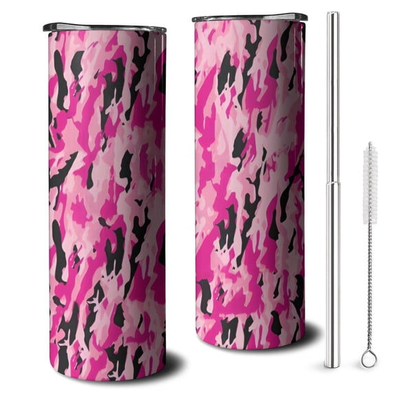 20oz Pink Black Camo Tiger Stripes Pattern Skinny Tumblers Stainless Steel Tumbler with Lid and Straw,Vacuum Insulated Double Wall Travel Tumbler Cups with Cleaning Brush for Coffee,Tea