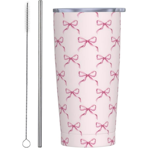 20oz Pink Bow Tumbler, Pink Ribbon Bow Knot Stainless Steel Travel Coffee Mug with Lid Straw, Bows Lover Water Bottle Thermal Cup Double Wall Vacuum Insulated Tumblers for Hot and Cold Drinks
