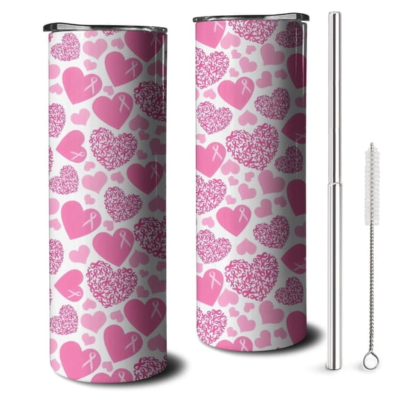 20oz Pink Breast Cancer and Love Skinny Tumblers Stainless Steel Tumbler with Lid and Straw,Vacuum Insulated Double Wall Travel Tumbler Cups with Cleaning Brush for Coffee,Tea
