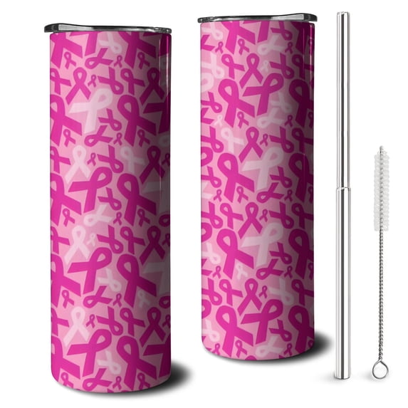 20oz Pink Breast Cancer Skinny Tumblers Stainless Steel Tumbler with Lid and Straw,Vacuum Insulated Double Wall Travel Tumbler Cups with Cleaning Brush for Coffee,Tea