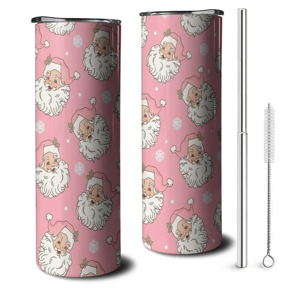 20oz Pink Christmas Santa Pattern Skinny Tumblers Stainless Steel Tumbler with Lid and Straw,Vacuum Insulated Double Wall Travel Tumbler Cups with Cleaning Brush for Coffee,Tea