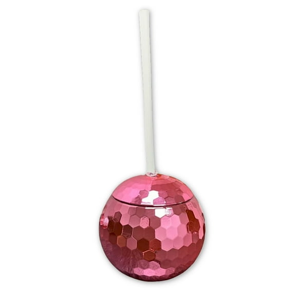 20oz Pink Disco Ball Glass with Lid and Straw (Each)