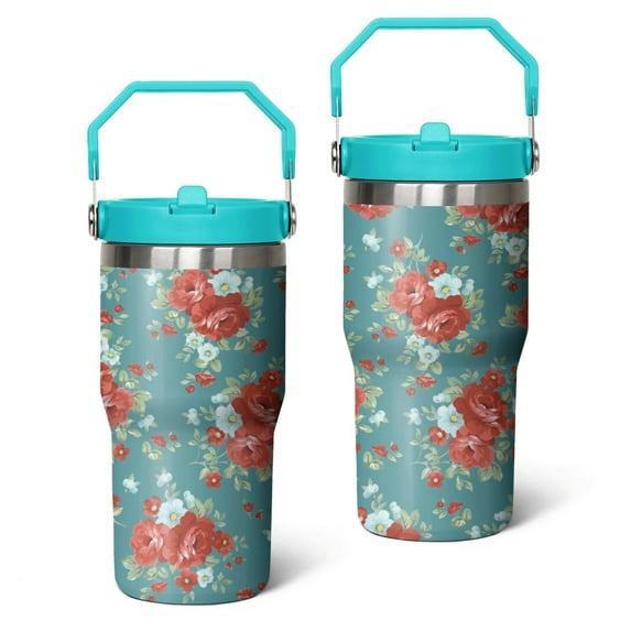 20oz Pioneer Colorful Floral Stainless Steel Flip Straw Tumbler with Lid and Straw Spill Proof Travel Cup Double Wall Vacuum Insulated Coffee Mug with Top Handled Greenish-blue