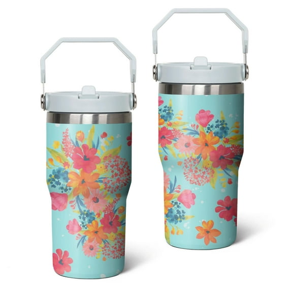 20oz Pioneer Colorful Floral Stainless Steel Flip Straw Tumbler with Lid and Straw Spill Proof Travel Cup Double Wall Vacuum Insulated Coffee Mug with Top Handled White