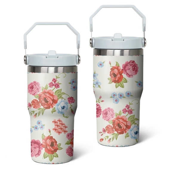20oz Pioneer Colorful Floral Stainless Steel Flip Straw Tumbler with Lid and Straw Spill Proof Travel Cup Double Wall Vacuum Insulated Coffee Mug with Top Handled White