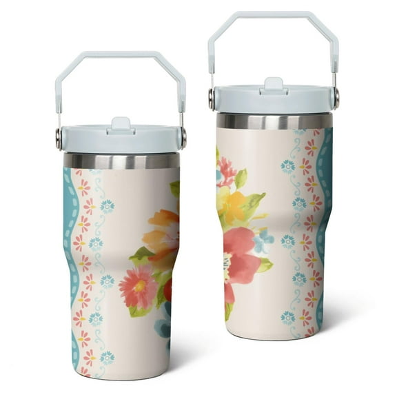20oz Pioneer Colorful Floral Stainless Steel Flip Straw Tumbler with Lid and Straw Spill Proof Travel Cup Double Wall Vacuum Insulated Coffee Mug with Top Handled White