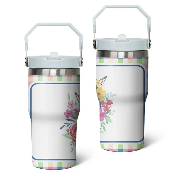 20oz Pioneer Colorful Floral Stainless Steel Flip Straw Tumbler with Lid and Straw Spill Proof Travel Cup Double Wall Vacuum Insulated Coffee Mug with Top Handled White