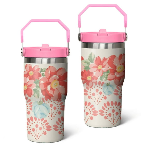 20oz Pioneer Colorful Floral Stainless Steel Flip Straw Tumbler with Lid and Straw Spill Proof Travel Cup Double Wall Vacuum Insulated Coffee Mug with Top Handled Pink