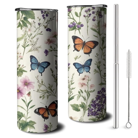 20oz Pioneer Flower and Butterfly Skinny Tumblers Stainless Steel Tumbler with Lid and Straw,Vacuum Insulated Double Wall Travel Tumbler Cups with Cleaning Brush for Coffee,Tea