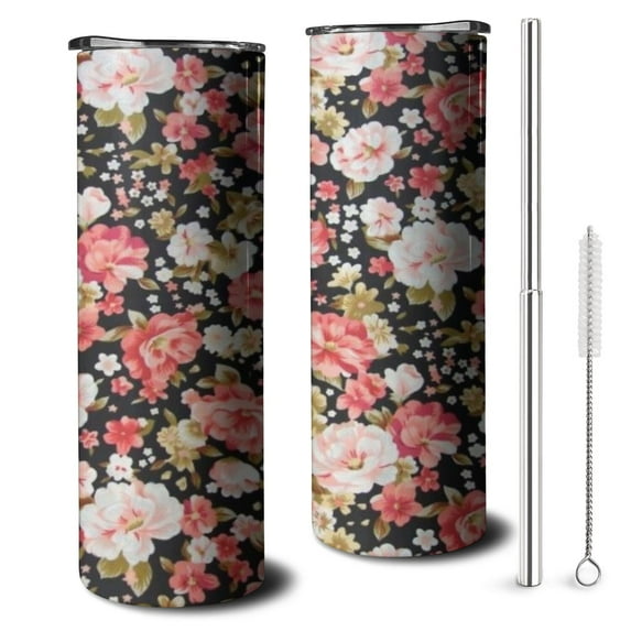 20oz Pioneer Flower Floral Print Pattern Skinny Tumblers Stainless Steel Tumbler with Lid and Straw,Vacuum Insulated Double Wall Travel Tumbler Cups with Cleaning Brush for Coffee,Tea