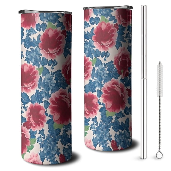 20oz Pioneer Flower Floral Print Pattern Skinny Tumblers Stainless Steel Tumbler with Lid and Straw,Vacuum Insulated Double Wall Travel Tumbler Cups with Cleaning Brush for Coffee,Tea
