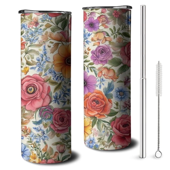 20oz Pioneer Flower Floral Print Pattern Skinny Tumblers Stainless Steel Tumbler with Lid and Straw,Vacuum Insulated Double Wall Travel Tumbler Cups with Cleaning Brush for Coffee,Tea