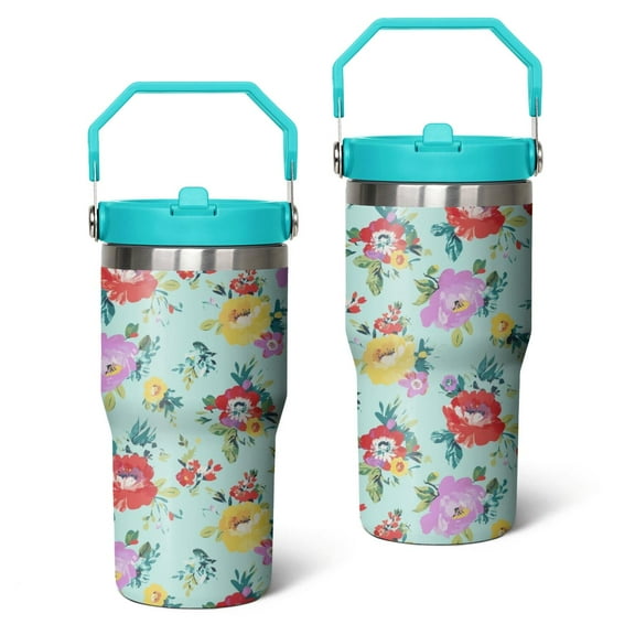 20oz Pioneer Stainless Steel Tumbler with Top Handle,Colorful Floral Travel Coffee Mug Flip Straw Cup,Gifts for Women Girls Men Adults(greenish-blue)