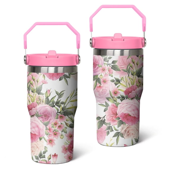20oz Pioneer Stainless Steel Tumbler with Top Handle,Colorful Floral Travel Coffee Mug Flip Straw Cup,Gifts for Women Girls Men Adults(pink)