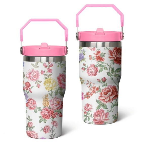 20oz Pioneer Stainless Steel Tumbler with Top Handle,Colorful Floral Travel Coffee Mug Flip Straw Cup,Gifts for Women Girls Men Adults