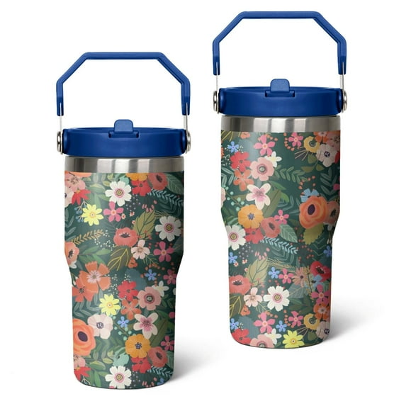 20oz Pioneer Stainless Steel Tumbler with Top Handle,Colorful Floral Travel Coffee Mug Flip Straw Cup,Gifts for Women Girls Men Adults