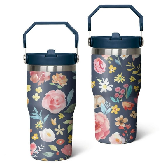 20oz Pioneer Stainless Steel Tumbler with Top Handle,Colorful Floral Travel Coffee Mug Flip Straw Cup,Gifts for Women Girls Men Adults