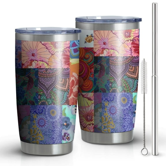 20oz Pioneer Tumbler Stainless Steel Vacuum Colorful Floral Insulated Travel Coffee Mug with Splash-Proof Lid Metal Straw White