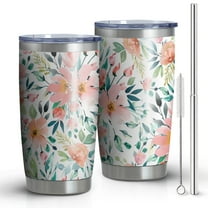 20oz Pioneer Tumbler Stainless Steel Vacuum Colorful Floral Insulated Travel Coffee Mug with Splash-Proof Lid Metal Straw White