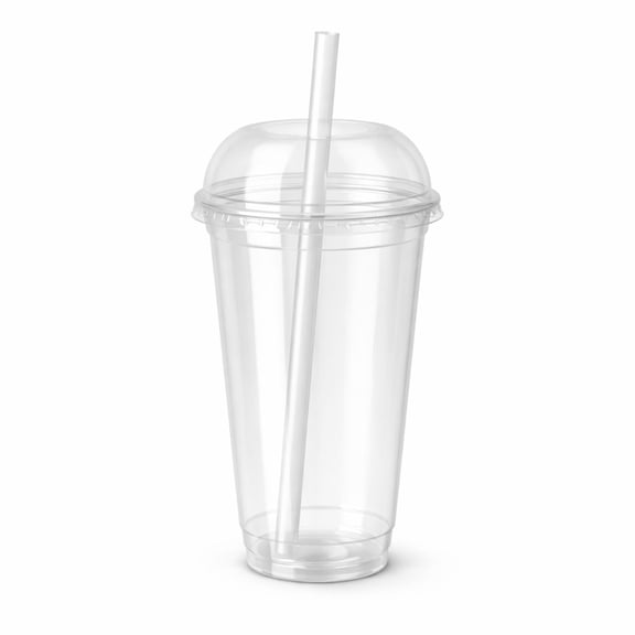 VeZee 20 oz Clear PET Plastic Cups with Wide Hole Dome Lids and Straws BPA Free Disposable Cold Drink Cups for Bubble Tea Smoothies 100 Count