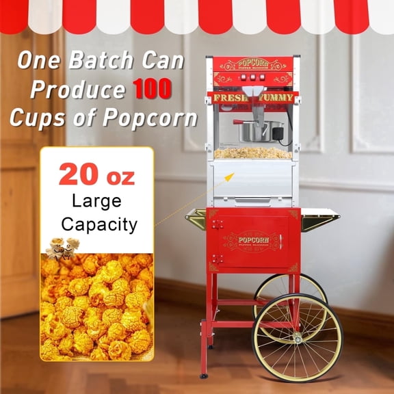 Zylena 20oz Vintage Movie Theater Style Commercial Electric Popcorn Poppers Cart, Red