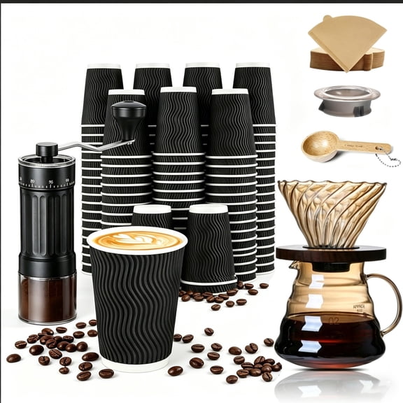 20oz Pour Over Coffee Maker Set with Manual Burr Grinder & 100 Disposable Cups  Complete Home Brewing Bundle