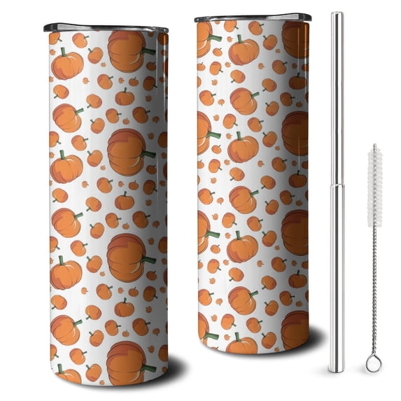 20oz Pumpkin Pattern Skinny Tumblers Stainless Steel Tumbler with Lid and Straw,Vacuum Insulated Double Wall Travel Tumbler Cups with Cleaning Brush for Coffee,Tea