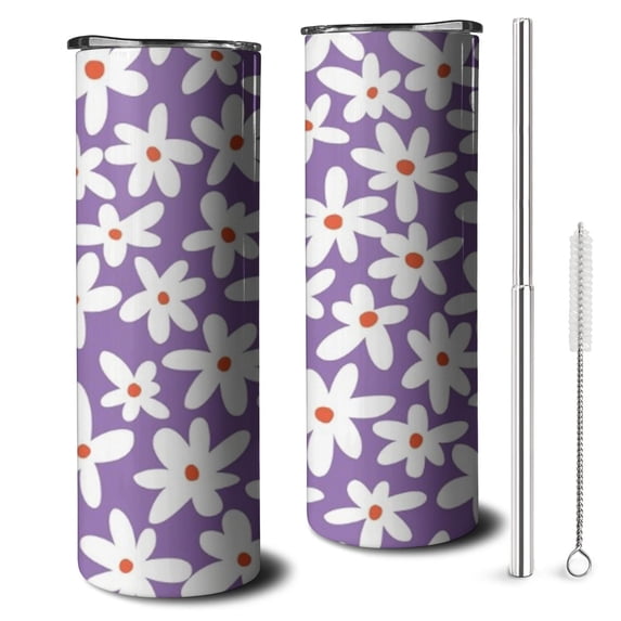 20oz Purple Daisy Flower White Blooms Pattern Skinny Tumblers Stainless Steel Tumbler with Lid and Straw,Vacuum Insulated Double Wall Travel Tumbler Cups with Cleaning Brush for Coffee,Tea