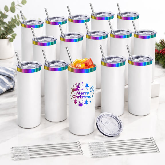 20oz Rainbow Plated Stainless Steel Skinny Tumbler Set, 16 Pack with Straws and Brushes