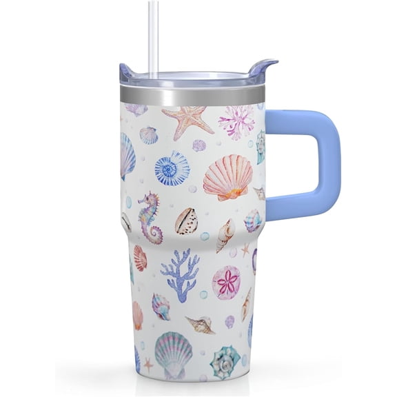 20oz Rainbow Seashells Tumbler with Handle, Insulated Stainless Steel Cup with Rotating Lid & Straw, Leak-Proof Water Bottle for Kids Girls Women, Birthday Christmas Back to School Gift Idea