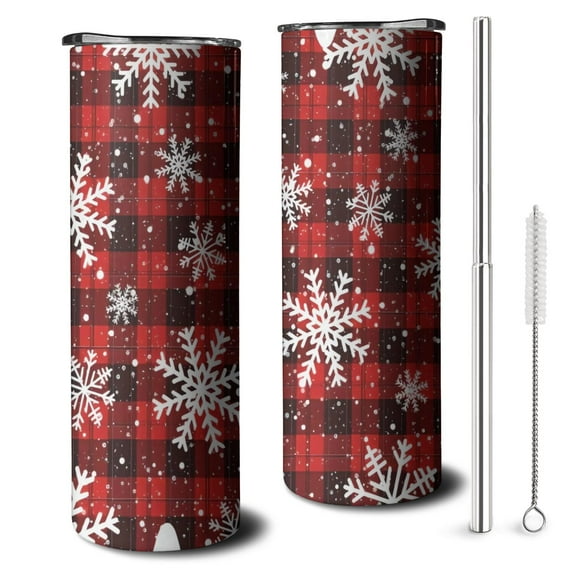 20oz Red and Black Christmas Snowflake Pattern Skinny Tumblers Stainless Steel Tumbler with Lid and Straw,Vacuum Insulated Double Wall Travel Tumbler Cups with Cleaning Brush for Coffee,Tea