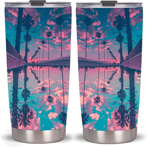 20oz Red Blue Sky Palm Leaves Tumbler-Stainless Steel Travel Mug With Lid & Straw ( Red Blue Sky Palm Leaves Tumbler )