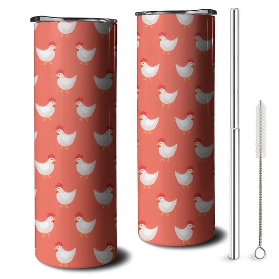 20oz Red Chicken Pattern Skinny Tumblers Stainless Steel Tumbler with Lid and Straw,Vacuum Insulated Double Wall Travel Tumbler Cups with Cleaning Brush for Coffee,Tea