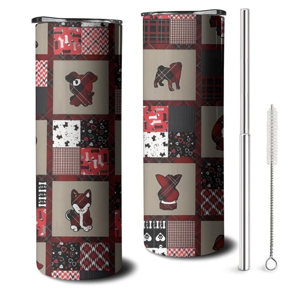 20oz Red Plaid Dog Jigsaw Puzzle Skinny Tumblers Stainless Steel Tumbler with Lid and Straw,Vacuum Insulated Double Wall Travel Tumbler Cups with Cleaning Brush for Coffee,Tea