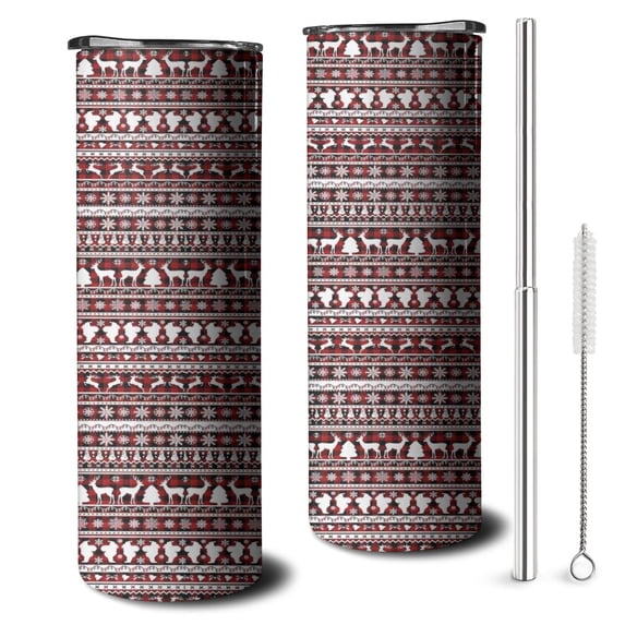 20oz Red and White Christmas Folk Pattern Skinny Tumblers Stainless Steel Tumbler with Lid and Straw,Vacuum Insulated Double Wall Travel Tumbler Cups with Cleaning Brush for Coffee,Tea