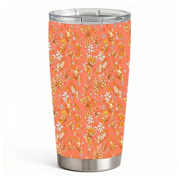 20oz Retro Orange Butterfly Floral Pattern Stainless Steel Tumbler, Tumbler with Lid Double Wall Vacuum Insulated Travel Mug, Coffee Cups With Lids, Perfect Gifts For Birthday Holiday