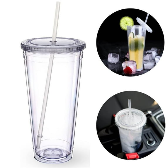 20oz Reusable Cold Drink Tumbler,Clear Acrylic Tumblers,Insulated Plastic Tumblers,Double Walled Tumblers with Straw and Lid,Portable Tea Cups,for Home Office Bar Party