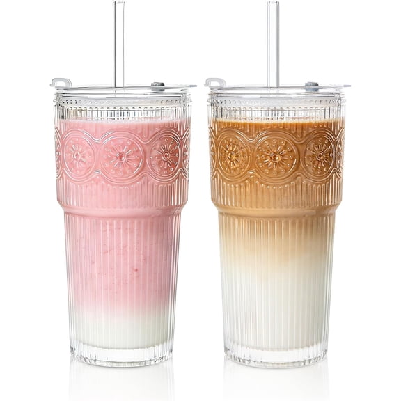 20oz Ribbed & Floral Glass Tumbler Set of 2 -  Glass Cups with Lid and Glass Straw, Iced Coffee Cups for Water, Smoothie, Milk,  &  -  for Daily Use & Travel