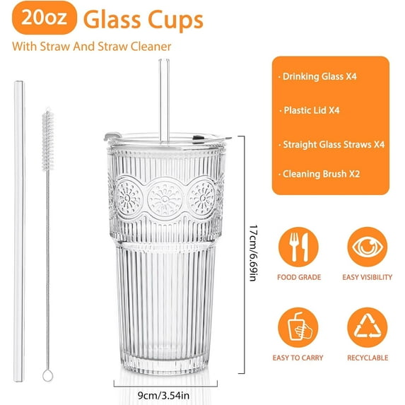 20oz Ribbed & Floral Glass Tumbler Set of 4 – Reusable Glass Cups with Lid and Glass Straw, To-Go Iced Coffee Cups for Water, Smoothie, Milk, Cocktail & More – Perfect for Daily Use & Travel