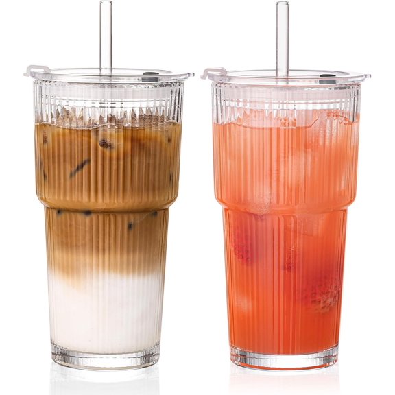 20oz Ribbed Glass Tumbler with Straw and Lid, Clear Iced Coffee Cups Glassware, Glass Cups with and Straws for Smoothie Water Juice, Clear, 2 Pack