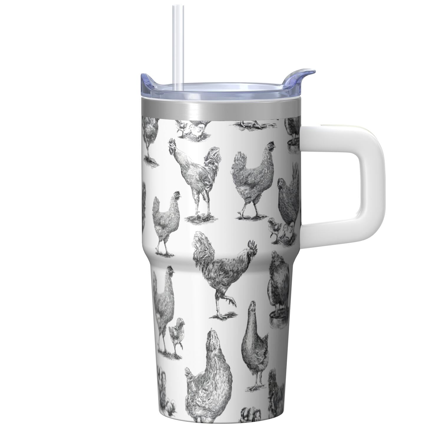 20oz Rustic Chicken Tumbler with Handle Insulated Travel Mug Playful Birthday Christmas Gift for Chicken Lovers Women Men Fits Standard Cup Holders Comfortable Handle Easy to Carry Office Home