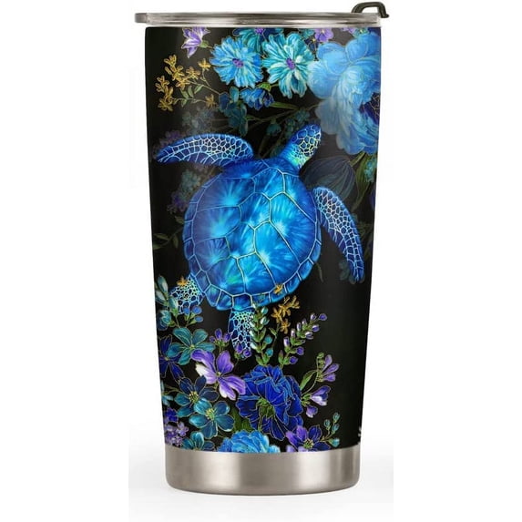 20oz Sea Turtle Gifts for Women, Turtle Gifts for Turtle Lovers, Beach Gifts, Ocean Gifts, Beachy Gifts for Women Beach Themed Flower Turtle Tumbler Cup, Insulated Travel Coffee Mug with Lid