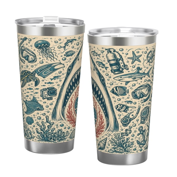 20oz Shark Ocean Diving Adventure Insulated Tumbler with Handle Straw Deep Sea Marine Life Travel Cup Scuba Snorkeling Gift Cup with Double Silver Rim