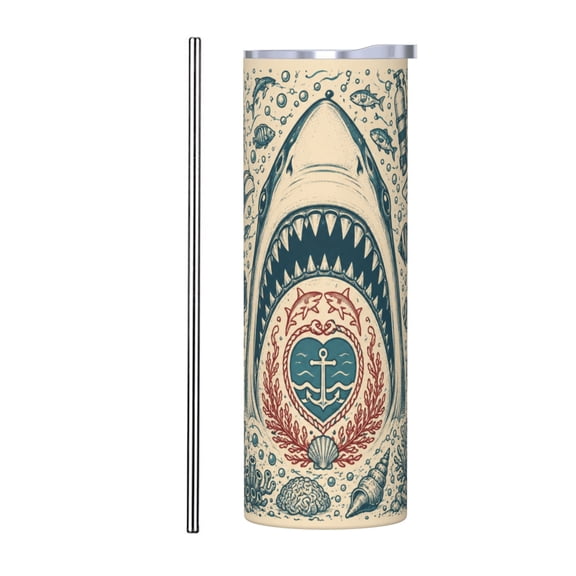 20oz Shark Ocean Diving Adventure Insulated Tumbler with Handle Straw Deep Sea Marine Life Travel Cup Scuba Snorkeling Gift Cup with Stainless Steel Straw