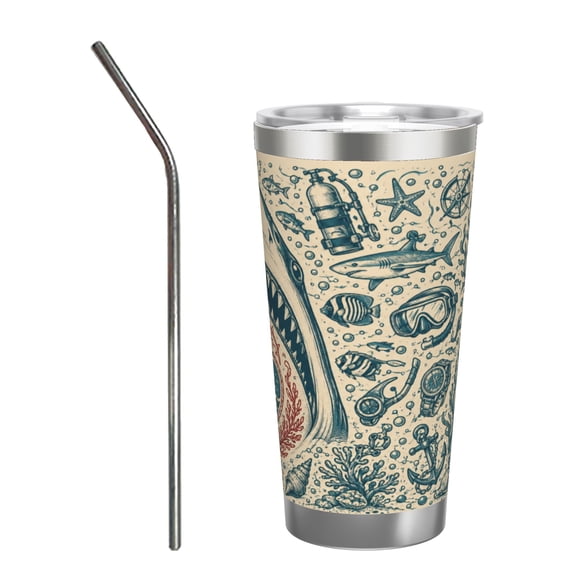 20oz Shark Ocean Diving Adventure Insulated Tumbler with Handle Straw Deep Sea Marine Life Travel Cup Scuba Snorkeling Gift Cup with Stainless Steel Straw