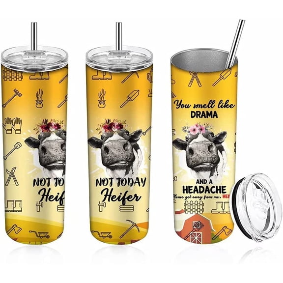 20oz Skinny Stainless Steel Tumblers with Straw and Lid, Not Today Heifer Insulated Slim Water Tumbler Cup, Flower Car Portable Cup, Cow Double Wall Insulated Tumbler for Coffee Water Drinks