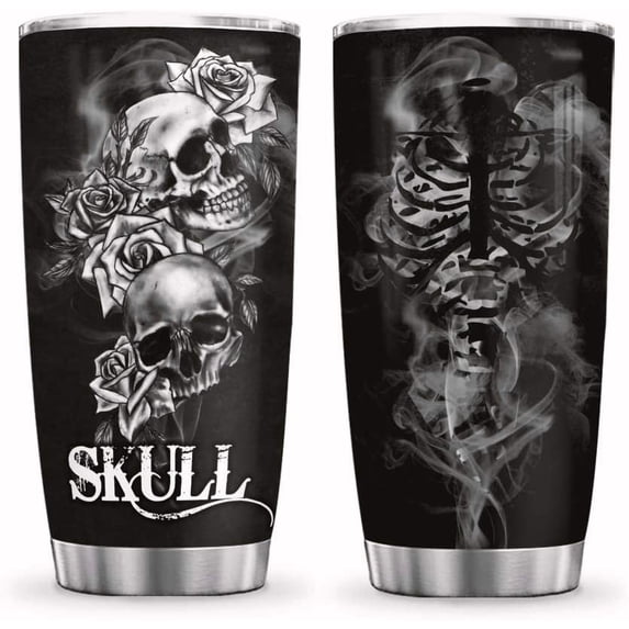 20oz Skull Gifts for Men, Women, Valentines Day Gifts for Him, Her, Cool Gifts, Gothic Gifts, Goth Gifts, Coffee Thermos for Men, Smoke Skull Tumbler Cup, Insulated Travel Coffee Mug with Lid