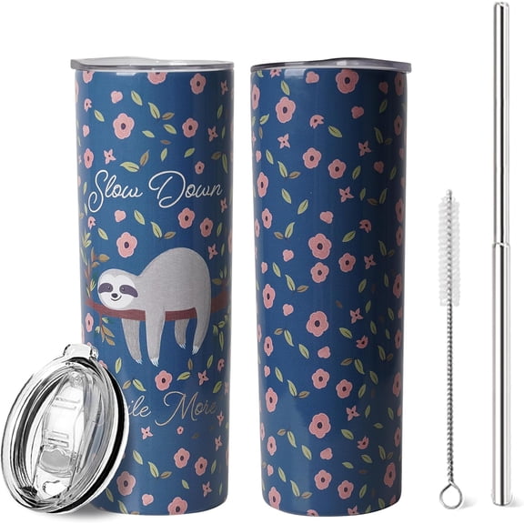 20oz Slow the Sloth Tumbler Stainless Steel Cup Vacuum Insulated Travel Coffee Mug with Splash-Proof Lid Metal Straw