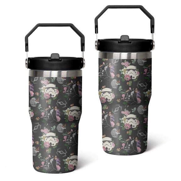 20oz Space Sci-Fi Stainless Steel Tumbler with Lid and Straw,Black and White Floral Modern Spill Proof Travel Cup Double Wall Vacuum Insulated Coffee Mug with Top Handle Black