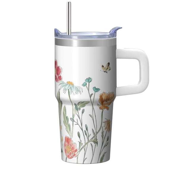 20oz Spring Floral Tumbler with Handle and Straw Lid, Insulated Travel Coffee Mug, Chinoiserie Pattern Gift for Women Friend